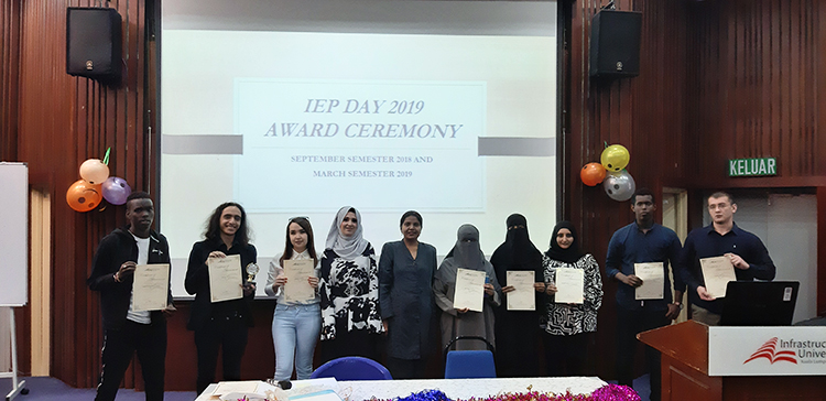 IELTS Awards Ceremony (From left, Mohamud Mohamed Yassin, Alaama Omar, Artykova Shirin, Ms Zeena (HOP IEP), Ms Nalinah (Director of CFGS), Sara Mussa Younus, Hanae Mussa Younus, Aboseta Khaola A Almokhtar,   Ali Mohamed Ahmed and Ozeer Mohammad